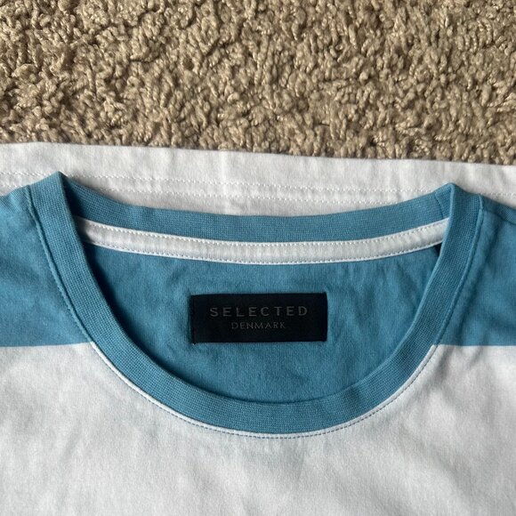 New SELECTED Blue & White Striped Cotton T-Shirt - Size L (Unisex) - Picture 5 of 6